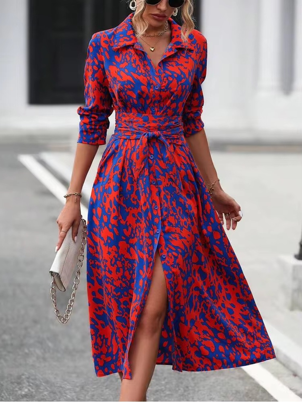 Blue & Orange Print Belted Maxi Dress